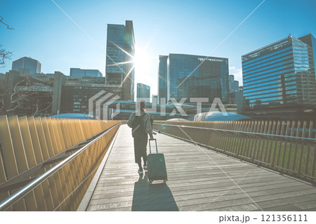 キャリーケースを持った女性旅行者の後ろ姿 キャリーケースを持った女性旅行者の後ろ姿 121356111