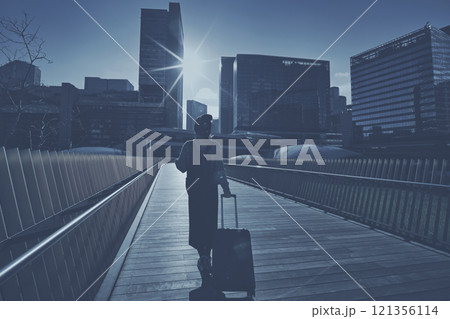 キャリーケースを持った女性旅行者の後ろ姿 121356114