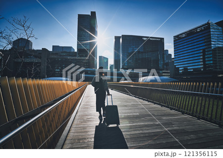 キャリーケースを持った女性旅行者の後ろ姿 キャリーケースを持った女性旅行者の後ろ姿 121356115