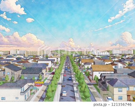 家 住宅 街 都市 手描き風 BG 水彩画風 朝夕 家 住宅 街 都市 手描き風 BG 水彩画風 朝夕 121356746