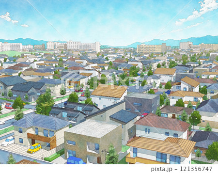 家　住宅　街　都市　手描き風　BG　水彩画風 121356747