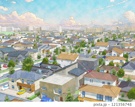 家 住宅 街 都市 手描き風 BG 水彩画風 朝夕のイラスト素材 [121356748