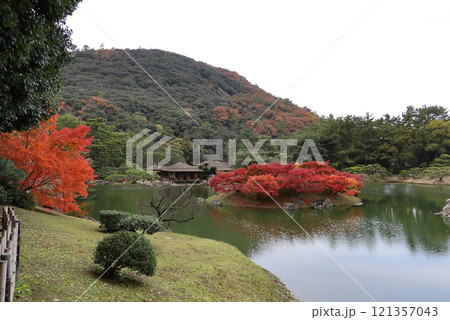 栗林公園南庭南湖、楓岸と楓嶼の紅葉と掬月亭 121357043