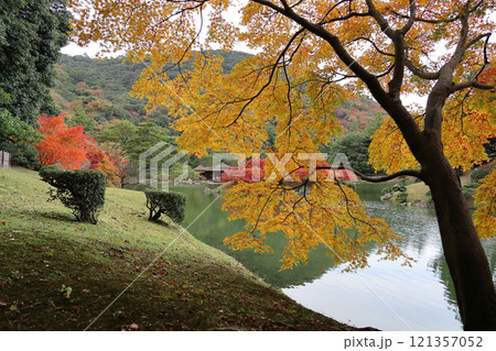 栗林公園南庭南湖、楓岸と楓嶼の紅葉と掬月亭 121357052