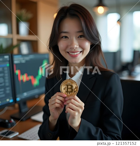 笑顔で暗号資産のビットコインをトレーディングルームで持つ女性 笑顔で暗号資産のビットコインをトレーディングルームで持つ女性 121357152