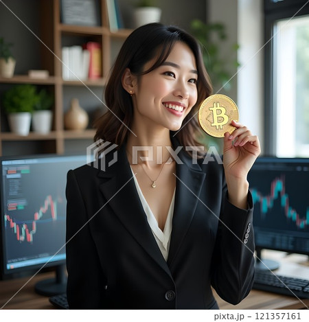 笑顔で暗号資産のビットコインをトレーディングルームで持つ女性 121357161