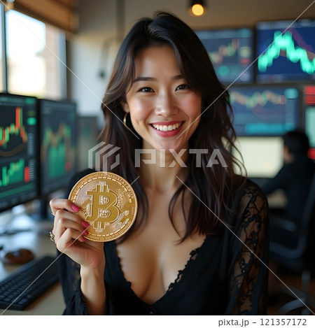 笑顔で暗号資産のビットコインをトレーディングルームで持つ女性 121357172