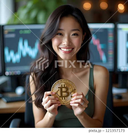 笑顔で暗号資産のビットコインをトレーディングルームで持つ女性 121357173