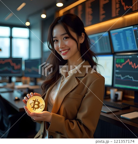 笑顔で暗号資産のビットコインをトレーディングルームで持つ女性 121357174