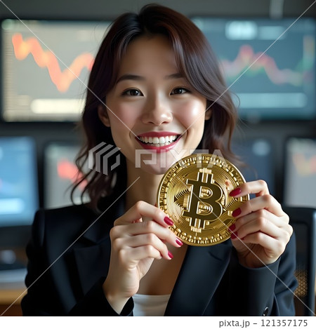 笑顔で暗号資産のビットコインをトレーディングルームで持つ女性 121357175