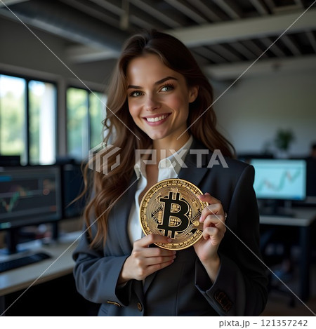 笑顔で暗号資産のビットコインをトレーディングルームで持つ女性 121357242