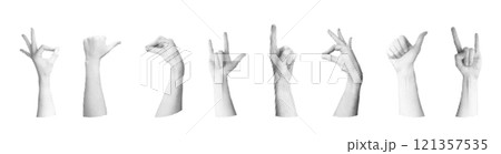 Collage Grunge hand set with retro halftone and punk elements. Pop art design with fingers and crazy signs. Flat vector illustration isolated on white background. 121357535