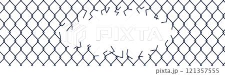 Broken chainlink fence with ripped wire and barbed mesh. Old metal barrier design for cages and steel borders. Flat vector illustration isolated on white background. 121357555