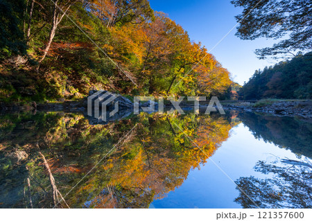 埼玉県比企郡嵐山町鎌形 武蔵嵐山渓谷の紅葉と槻川水面に映る水鏡 埼玉県比企郡嵐山町鎌形 武蔵嵐山渓谷の紅葉と槻川水面に映る水鏡 121357600