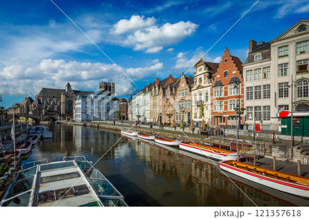 Travel Belgium medieval european city town background with canal. Koperlei street, Ghent, Belgium 121357618