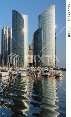 Busan marina with yachts, Marine city skyscrapers with reflection, South Korea Busan marina with yachts, Marine city skyscrapers with reflection, South Korea 121357745