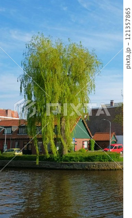 Boats and houses in canal. Harlem, Netherlands 121357865