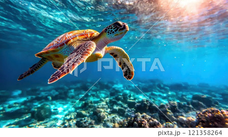 Colorful Sea Turtle Swimming in Clear Ocean Water Under Sunlight 121358264