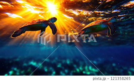 Two Sea Turtles Swimming Under the Golden Sunlight in Ocean Waters Two Sea Turtles Swimming Under the Golden Sunlight in Ocean Waters 121358265