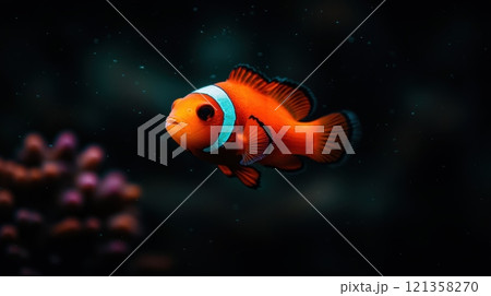 Vibrant Orange Clownfish Swimming in Coral Reef Habitat Vibrant Orange Clownfish Swimming in Coral Reef Habitat 121358270