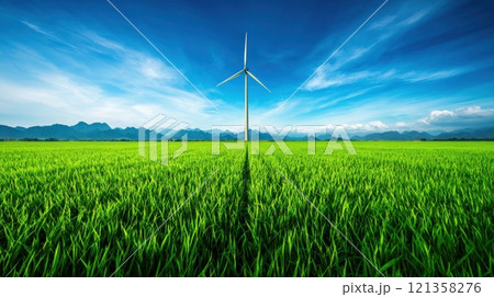 Bright Green Landscape with Wind Turbine and Blue Sky Background 121358276
