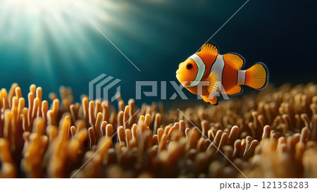 Colorful clownfish swimming in vibrant coral reef underwater scene Colorful clownfish swimming in vibrant coral reef underwater scene 121358283
