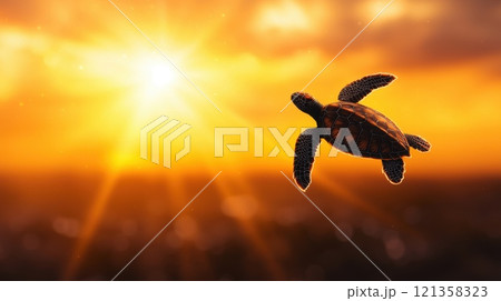 Majestic Sea Turtle Swimming Against a Beautiful Sunset Background 121358323