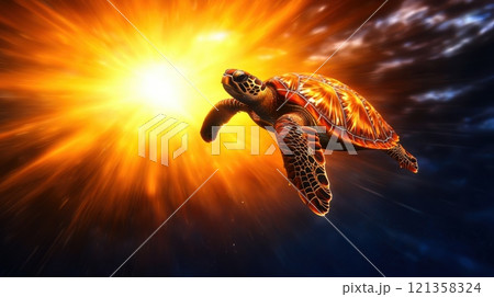 Sea Turtle Swimming Through Vibrant and Colorful Sunset Background Sea Turtle Swimming Through Vibrant and Colorful Sunset Background 121358324