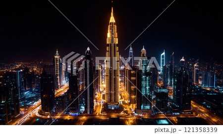 Stunning Aerial Night View of Dubai Skyline with Bright Lights Stunning Aerial Night View of Dubai Skyline with Bright Lights 121358339