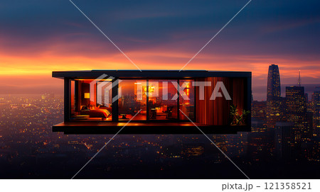 Modern Floating House with City View at Sunset Overlooking Skyline 121358521