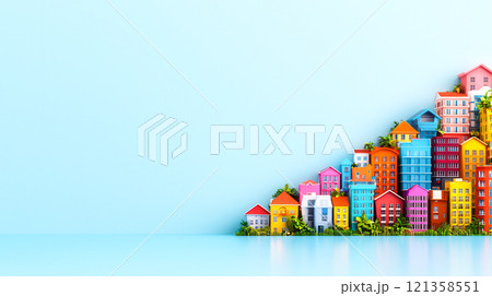 Colorful Houses on Sloping Landscape with Blue Background 121358551