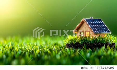 Miniature House with Solar Panels on Lush Green Grass Background Miniature House with Solar Panels on Lush Green Grass Background 121358560