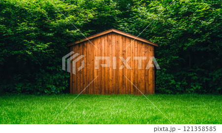 Rustic Wooden Shed Surrounded by Lush Green Foliage and Grass 121358585