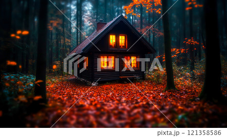 Cozy Wooden Cabin Surrounded by Autumn Forest Landscape at Dusk 121358586