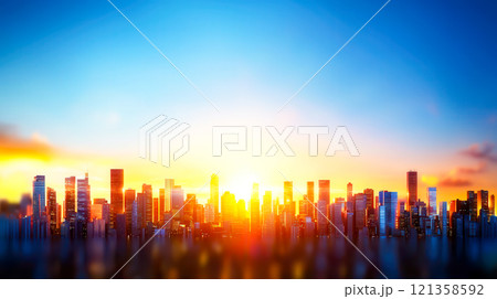 Sunrise Over Urban Skyline with Reflections and Colorful Sky Sunrise Over Urban Skyline with Reflections and Colorful Sky 121358592