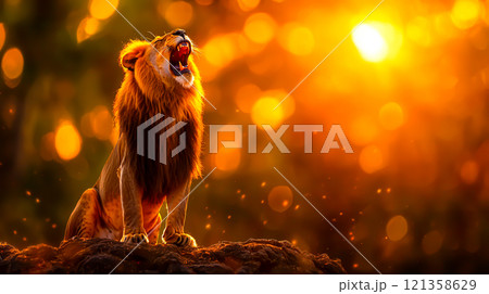 Majestic Lion Roaring Against Glowing Sunset Background 121358629