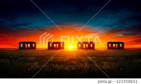 Vibrant Sunset Behind Silhouetted Houses in Open Grassland 121358631