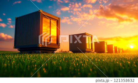 Modern Shipping Containers at Sunset on Lush Green Field 121358632