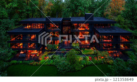 Modern architectural beauty in lush green forest setting at night Modern architectural beauty in lush green forest setting at night 121358649