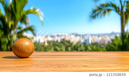 Wooden Sphere on Table with Blurred Tropical Background View 121358650