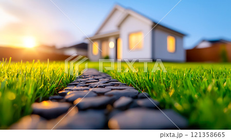 Beautiful Suburban Home at Sunset with Pathway on Green Lawn Beautiful Suburban Home at Sunset with Pathway on Green Lawn 121358665