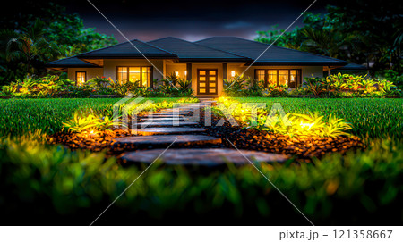 Elegant modern house at night with illuminated pathway and garden Elegant modern house at night with illuminated pathway and garden 121358667