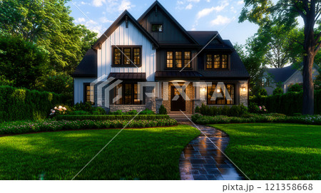 Charming Modern Home with Lush Garden and Elegant Walkway 121358668