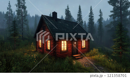 Cozy Wooden Cabin Surrounded by Tall Pine Trees...のイラスト素材 [121358701 ...