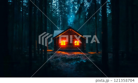 Cozy wooden cabin illuminated in a dark and misty forest at night 121358704