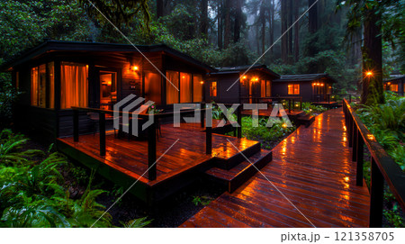 Cozy Cabin Retreat in Lush Rainforest with Evening Glow 121358705