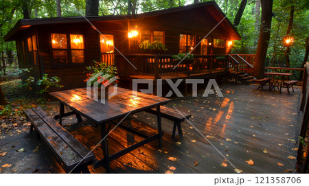 Cozy Woodland Cabin with Warm Lights and Rainy Atmosphere 121358706