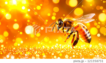 Beautiful Honeybee Flying Over Shimmering Golden Background Beautiful Honeybee Flying Over Shimmering Golden Background 121358731
