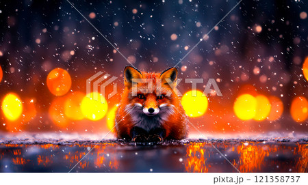 Red Fox Surrounded by Snowfall Amidst Glowing Bokeh Lights Red Fox Surrounded by Snowfall Amidst Glowing Bokeh Lights 121358737