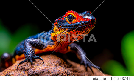 Colorful Lizard on Rock with Vibrant Patterns Against Dark Background 121358741